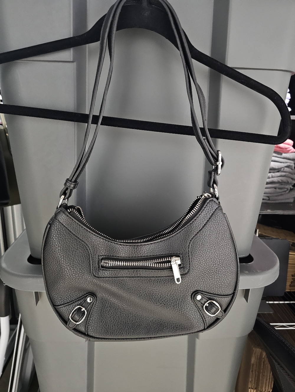 wild fable Black Pebbled Shoulder Bag with Silver Hardware